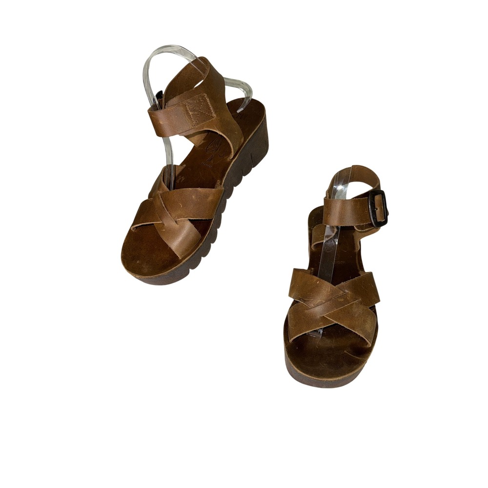 Fly London Yala Brown Leather Wedge Platform Sandals Ankle Strap Women 41